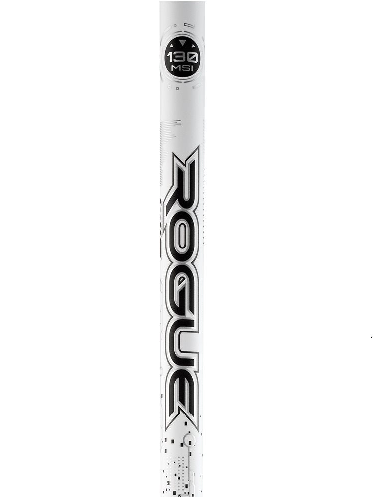 A golf club shaft labeled 'ROGUE' from Aldila with black and white color scheme, indicating a 130 MSI profile.